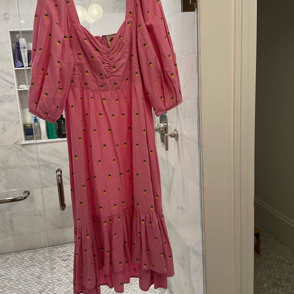 FARM Rio Pink Midi Dress with Yellow Floral Accents